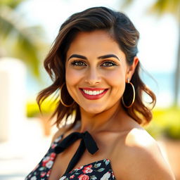 A breathtaking 35-year-old Brazilian woman with a curvy figure, dressed in elegant summer clothes that tastefully highlight her fashionable style while maintaining modesty