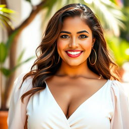 A breathtaking 35-year-old Brazilian woman with a curvy figure, dressed in elegant summer clothes that tastefully highlight her fashionable style while maintaining modesty