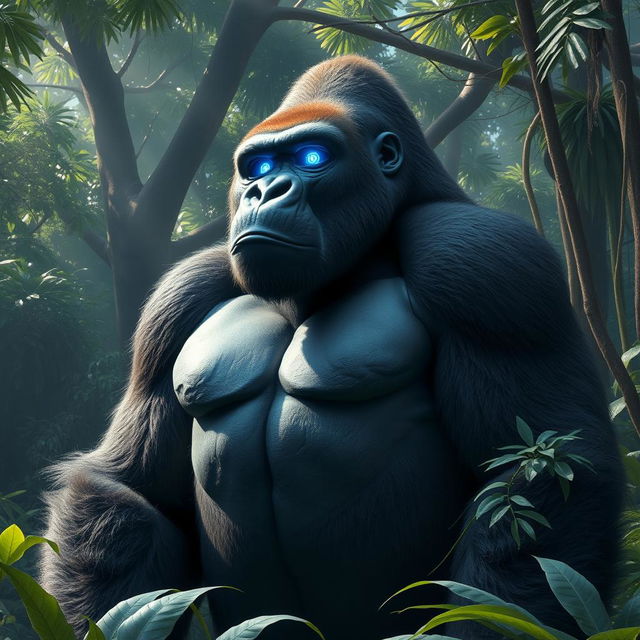 A mighty gorilla standing proudly in a lush jungle, featuring a futuristic robotic eye that glows with vibrant blue light