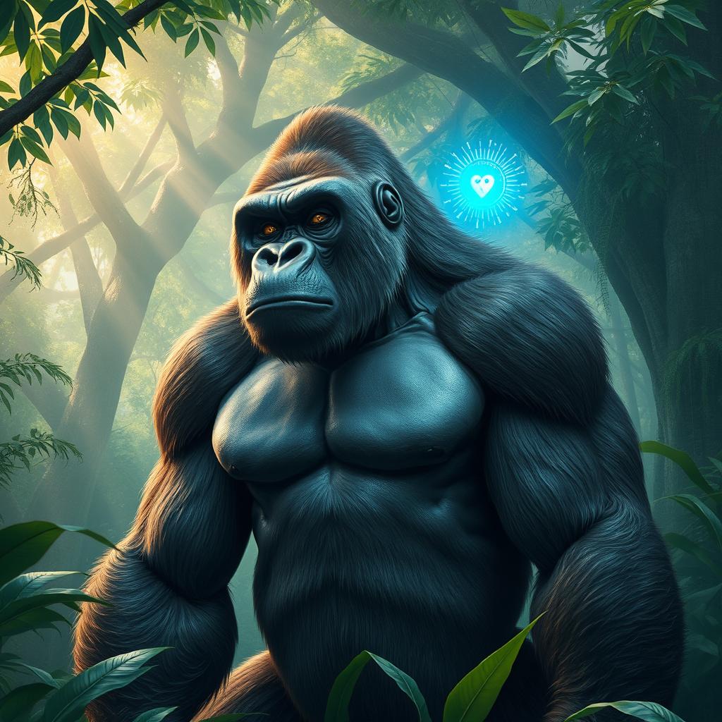 A mighty gorilla standing proudly in a lush jungle, featuring a futuristic robotic eye that glows with vibrant blue light