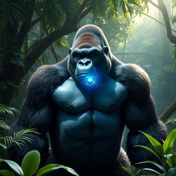 A mighty gorilla standing proudly in a lush jungle, featuring a futuristic robotic eye that glows with vibrant blue light