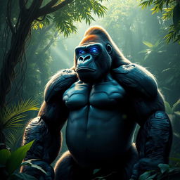 A mighty gorilla standing proudly in a lush jungle, featuring a futuristic robotic eye that glows with vibrant blue light