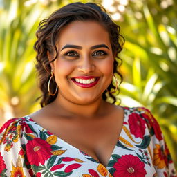 A breathtaking 35-year-old Brazilian woman with a curvy figure, dressed in elegant summer clothes that beautifully showcase vibrant colors and patterns