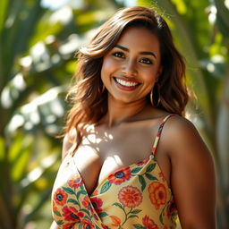 A breathtaking 35-year-old Brazilian woman with a curvy figure, dressed in elegant summer clothes that beautifully showcase vibrant colors and patterns