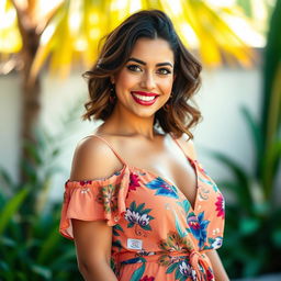 A breathtaking 35-year-old Brazilian woman with a curvy figure, dressed in elegant summer clothes that beautifully showcase vibrant colors and patterns