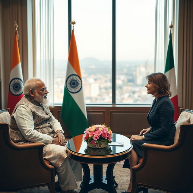 A political meeting scene featuring Narinder Modi and Giorgia Meloni in an elegant conference room