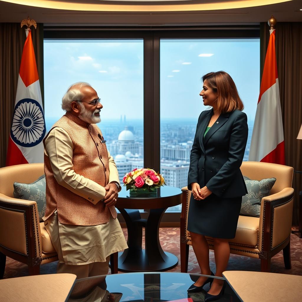 A political meeting scene featuring Narinder Modi and Giorgia Meloni in an elegant conference room