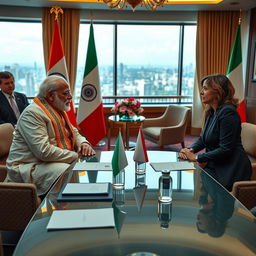 A political meeting scene featuring Narinder Modi and Giorgia Meloni in an elegant conference room