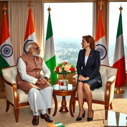 A political meeting scene featuring Narinder Modi and Giorgia Meloni in an elegant conference room