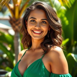 A breathtaking 35-year-old Brazilian woman with a curvy figure, dressed in elegant summer clothes that reach her neck, beautifully accentuating her profile