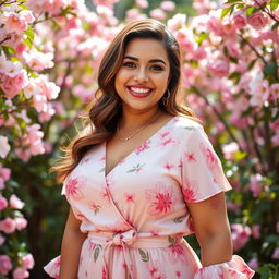 A breathtaking 35-year-old Brazilian woman with a curvy figure, dressed in elegant spring clothes that feature soft, pastel colors and floral patterns, embodying the essence of the season