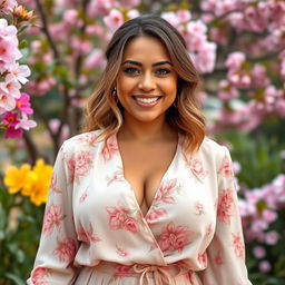 A breathtaking 35-year-old Brazilian woman with a curvy figure, dressed in elegant spring clothes that feature soft, pastel colors and floral patterns, embodying the essence of the season
