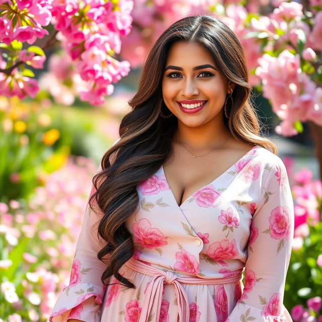 A breathtaking 35-year-old Brazilian woman with a curvy figure, dressed in elegant spring clothes that feature soft, pastel colors and floral patterns, embodying the essence of the season