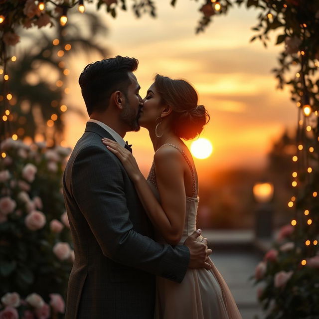 An intimate scene depicting Narinder Modi and Giorgia Meloni in a passionate kiss in a romantic setting, such as a beautiful outdoor garden adorned with fairy lights