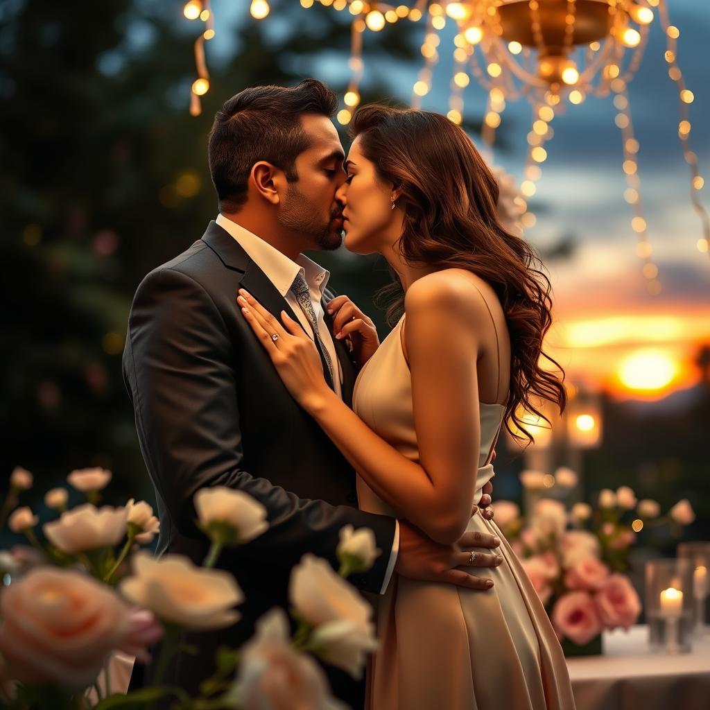 An intimate scene depicting Narinder Modi and Giorgia Meloni in a passionate kiss in a romantic setting, such as a beautiful outdoor garden adorned with fairy lights