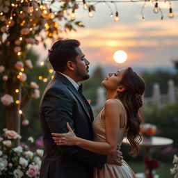 An intimate scene depicting Narinder Modi and Giorgia Meloni in a passionate kiss in a romantic setting, such as a beautiful outdoor garden adorned with fairy lights