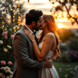 An intimate scene depicting Narinder Modi and Giorgia Meloni in a passionate kiss in a romantic setting, such as a beautiful outdoor garden adorned with fairy lights