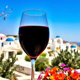 A beautiful scene in Greece featuring a rich red Greek wine in an elegant glass