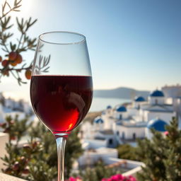 A beautiful scene in Greece featuring a rich red Greek wine in an elegant glass