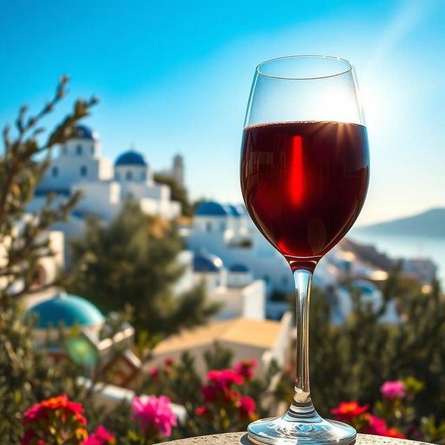 A beautiful scene in Greece featuring a rich red Greek wine in an elegant glass