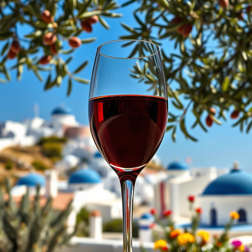 A beautiful scene in Greece featuring a rich red Greek wine in an elegant glass