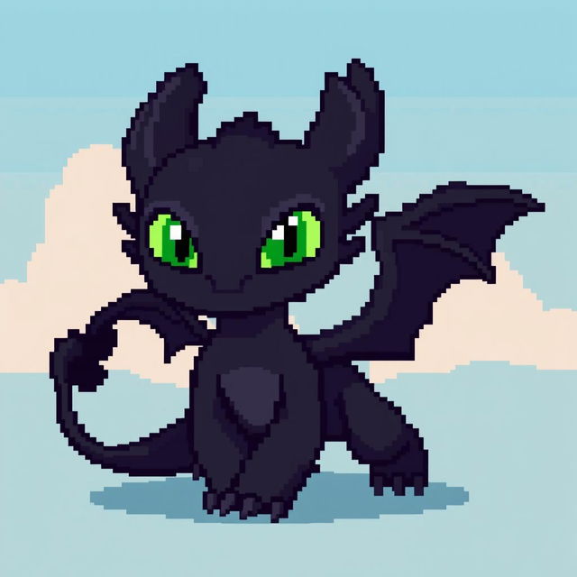 A pixel art representation of Toothless, the Night Fury dragon from the cartoon 'How to Train Your Dragon'