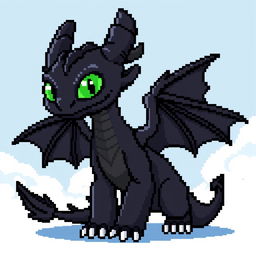 A pixel art representation of Toothless, the Night Fury dragon from the cartoon 'How to Train Your Dragon'