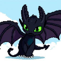 A pixel art representation of Toothless, the Night Fury dragon from the cartoon 'How to Train Your Dragon'