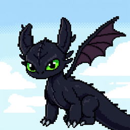 A pixel art representation of Toothless, the Night Fury dragon from the cartoon 'How to Train Your Dragon'