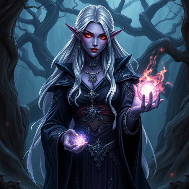 A female drow elf sorcerer standing confidently in a mystical forest