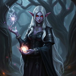 A female drow elf sorcerer standing confidently in a mystical forest