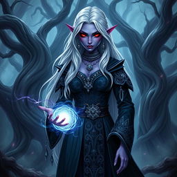 A female drow elf sorcerer standing confidently in a mystical forest