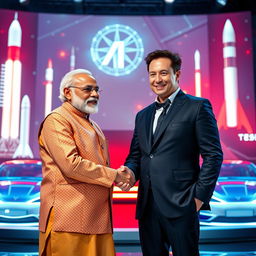 A powerful scene depicting Indian Prime Minister Narendra Modi and Elon Musk, the CEO of SpaceX and Tesla, standing together on a futuristic stage