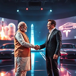 A powerful scene depicting Indian Prime Minister Narendra Modi and Elon Musk, the CEO of SpaceX and Tesla, standing together on a futuristic stage
