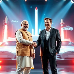 A powerful scene depicting Indian Prime Minister Narendra Modi and Elon Musk, the CEO of SpaceX and Tesla, standing together on a futuristic stage