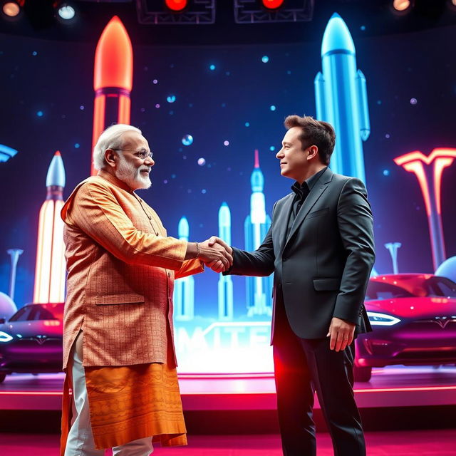 A powerful scene depicting Indian Prime Minister Narendra Modi and Elon Musk, the CEO of SpaceX and Tesla, standing together on a futuristic stage