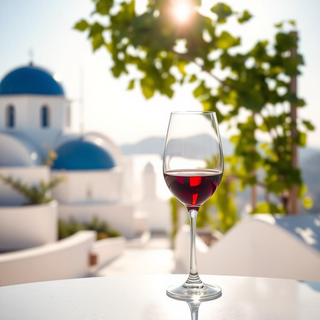 A picturesque scene featuring a glass of red Greek wine elegantly placed in the backdrop of a sunny day in Greece