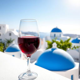 A picturesque scene featuring a glass of red Greek wine elegantly placed in the backdrop of a sunny day in Greece