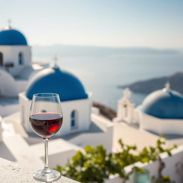 A picturesque scene featuring a glass of red Greek wine elegantly placed in the backdrop of a sunny day in Greece