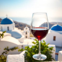 A picturesque scene featuring a glass of red Greek wine elegantly placed in the backdrop of a sunny day in Greece