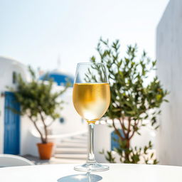A charming scene featuring a glass of white Greek wine gracefully positioned in the backdrop of a sunny day in Greece
