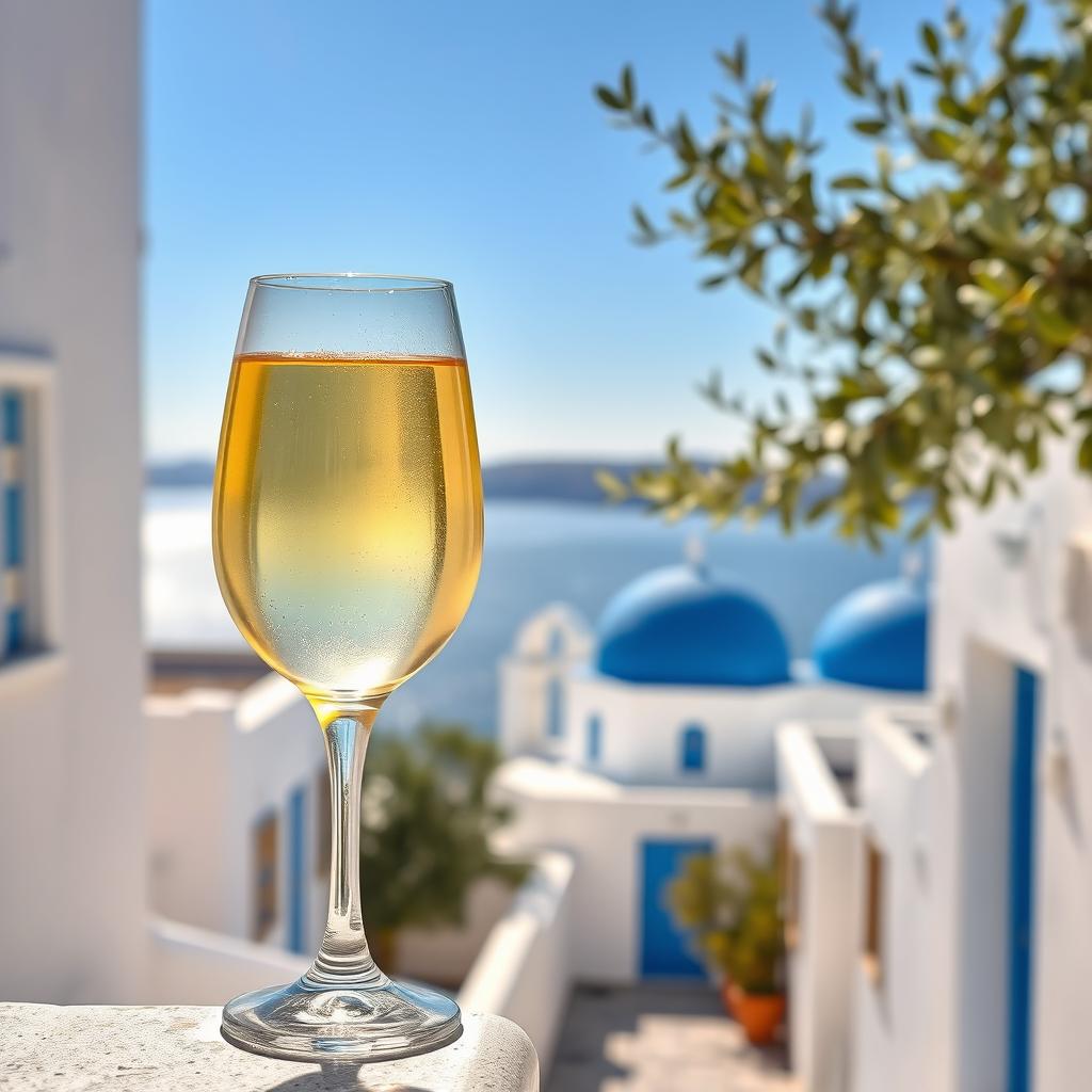 A charming scene featuring a glass of white Greek wine gracefully positioned in the backdrop of a sunny day in Greece