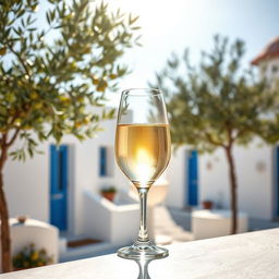 A charming scene featuring a glass of white Greek wine gracefully positioned in the backdrop of a sunny day in Greece