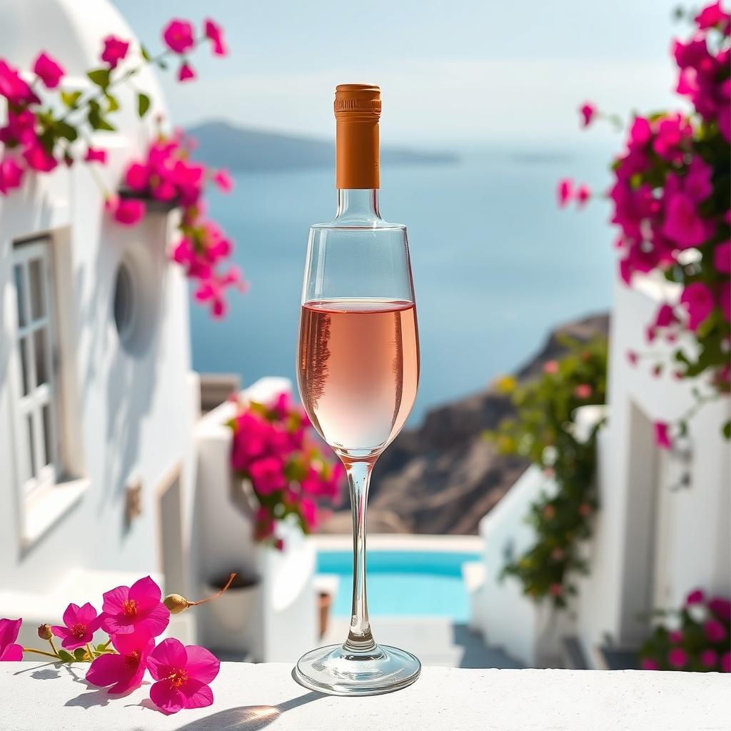 A beautiful scene showcasing a glass of rosé wine delicately positioned in the backdrop of a sunlit day in Greece