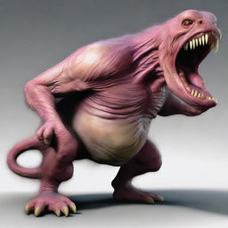 A hyperrealistic monster with a bloated stomach that seems to undulate with interior movement