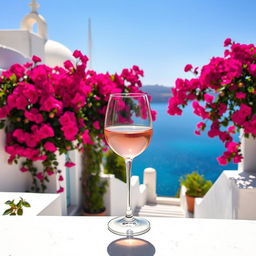 A beautiful scene showcasing a glass of rosé wine delicately positioned in the backdrop of a sunlit day in Greece
