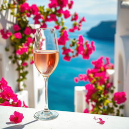 A beautiful scene showcasing a glass of rosé wine delicately positioned in the backdrop of a sunlit day in Greece
