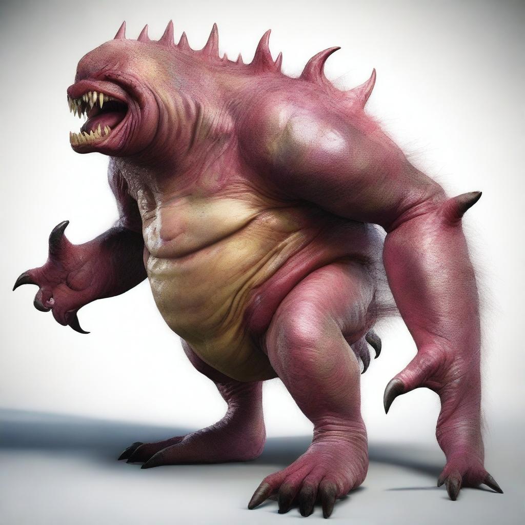 A hyperrealistic monster with a bloated stomach that seems to undulate with interior movement