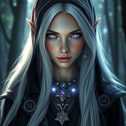 A captivating close-up portrait of a female drow elf sorcerer, featuring her enchanting violet eyes and long, silvery-white hair cascading down her shoulders