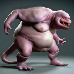 A hyperrealistic monster with a bloated stomach that seems to undulate with interior movement